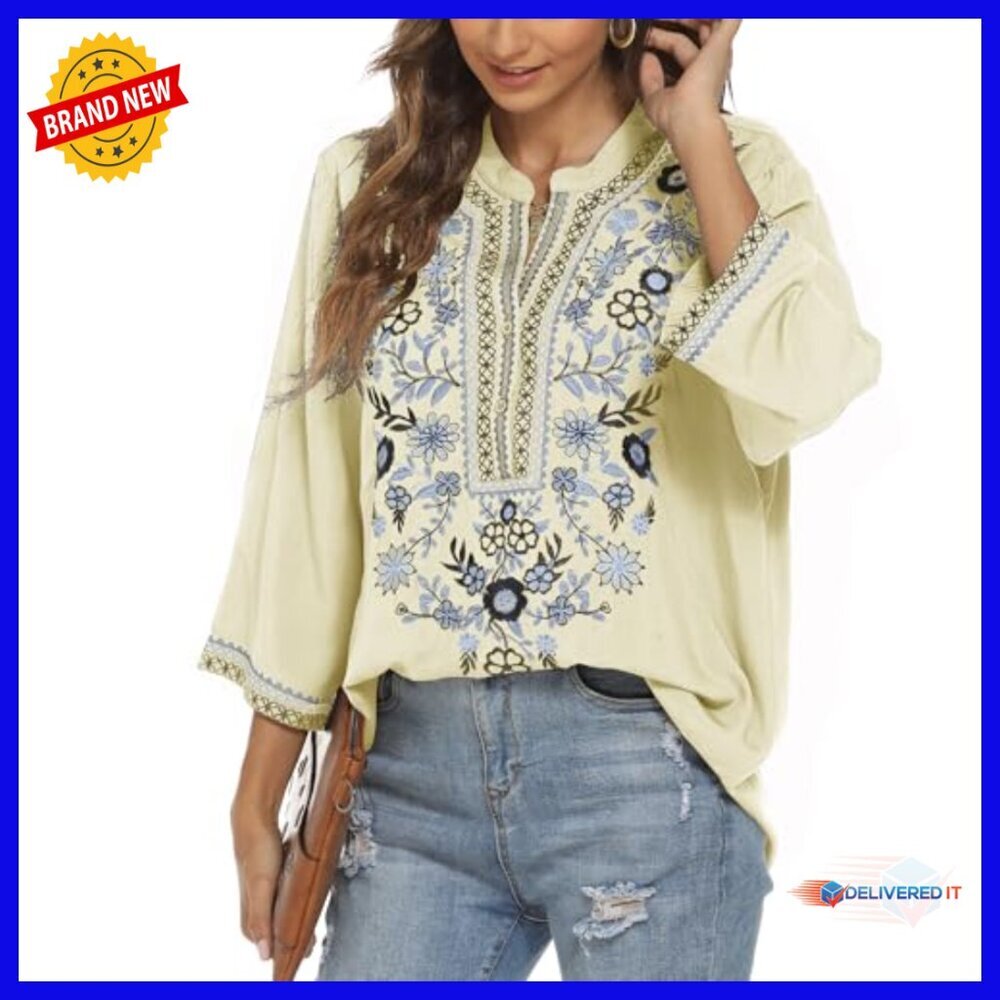 Loose Fit Embroidered Tunic Blouse 3/4 Sleeve V-Neck Bohemian Top - Picture 5 of 6